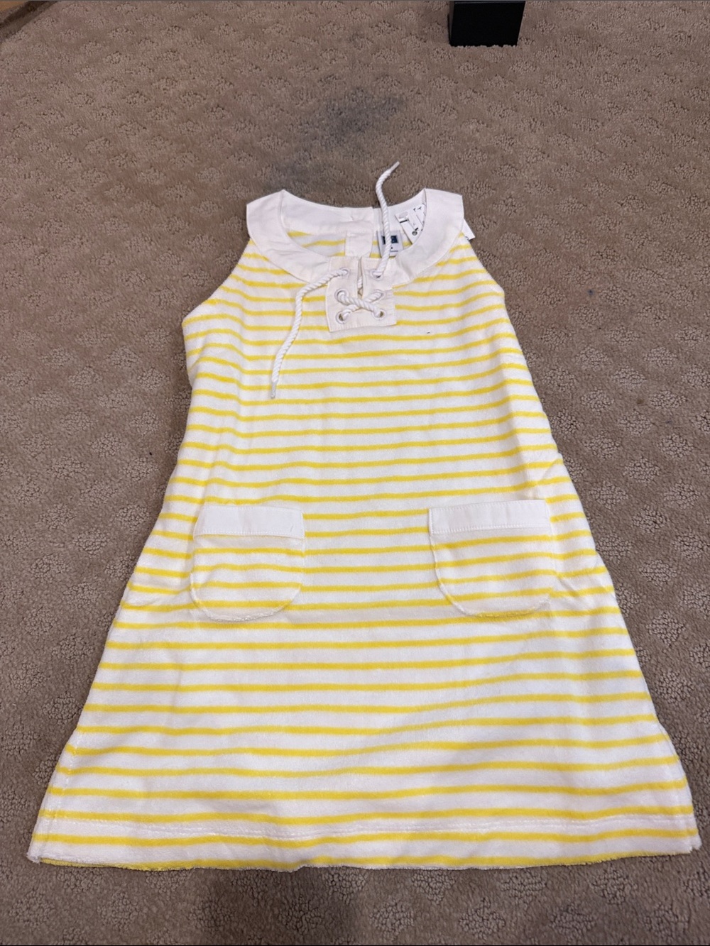 Janie and Jack Yellow and White Striped Sleeveless Dress with Lace-Up Collar